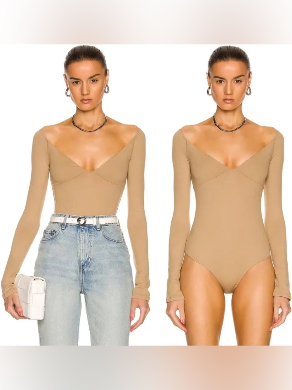 Alix NYC Jansen Bodysuit with Long Sleeves and Wide V-Neck